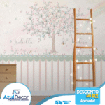 Papel de Parede Árvore com Ripado Verde e Rosa
