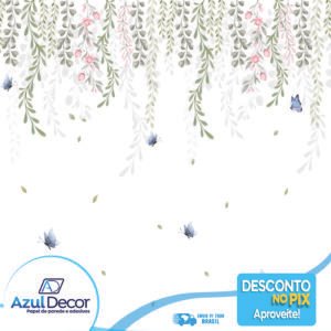 Papel de Parede Cortina de Flores com Borboletas